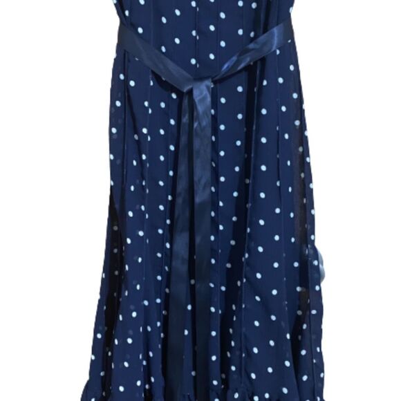 dressbarn Navy & White Sleeveless Polka Dot Pleated Dress w/ Waist Ribbon Tie - Picture 3 of 7